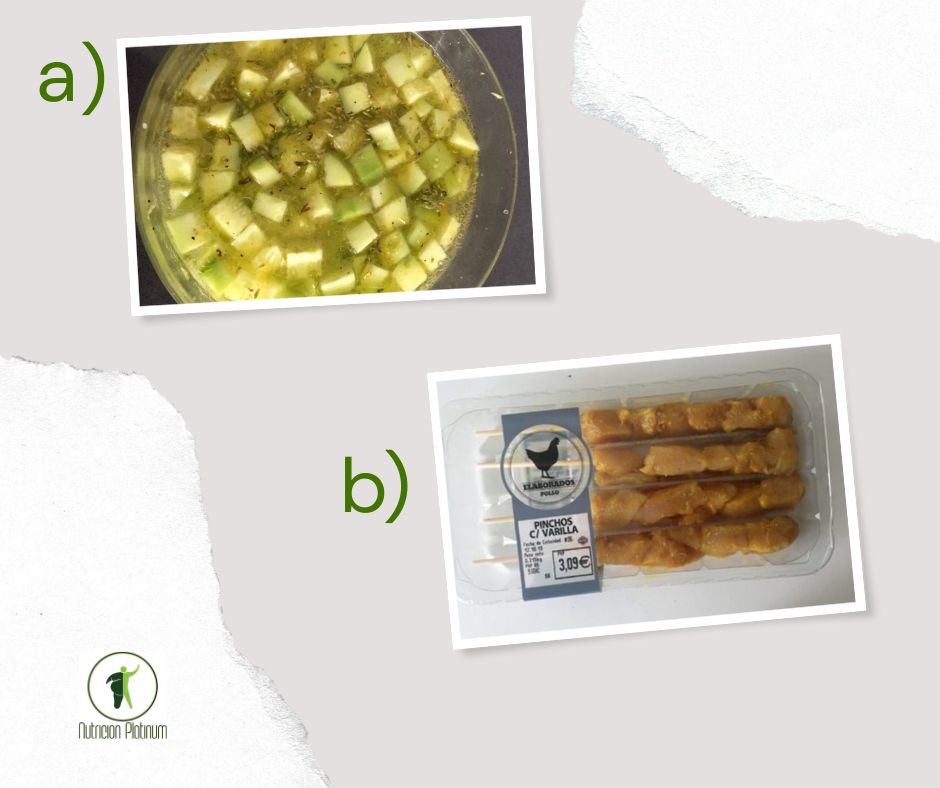 Gazpacho de pepino y oregano con pinchos de pollo.