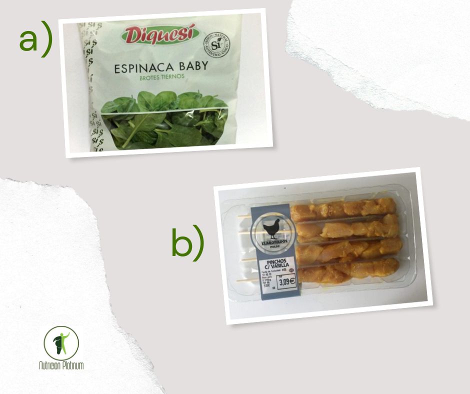 Ensalada de espinacas baby con pinchos de pollo.