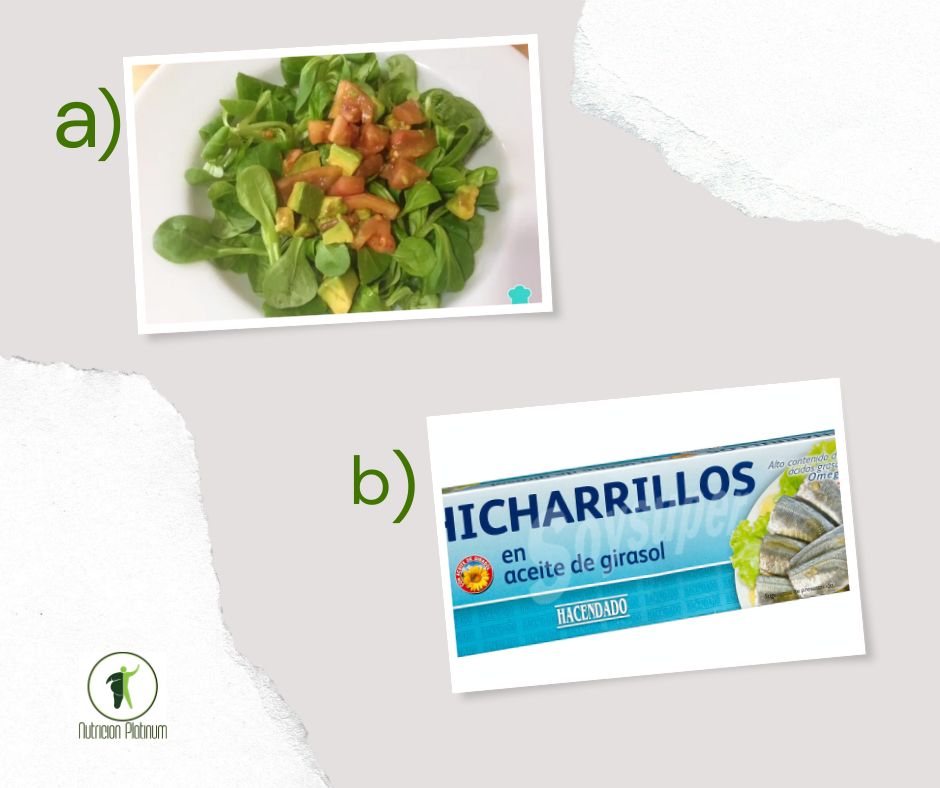 Ensalada de berros, tomate y aguacate con chicharrillos en aceite.