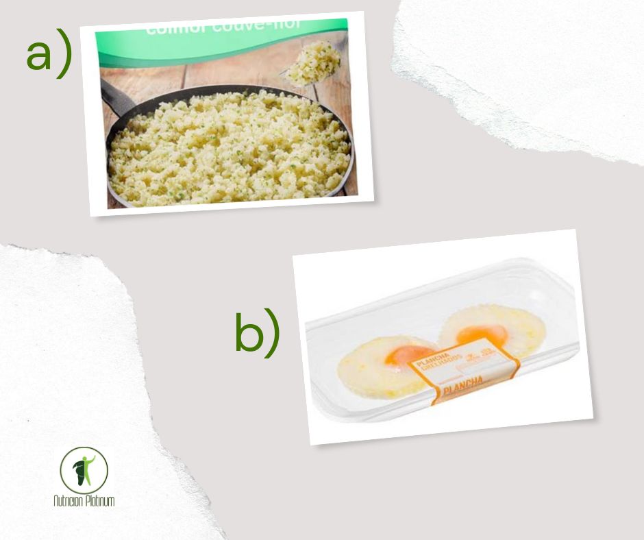 Migas de coliflor con huevos a la plancha precocinados.