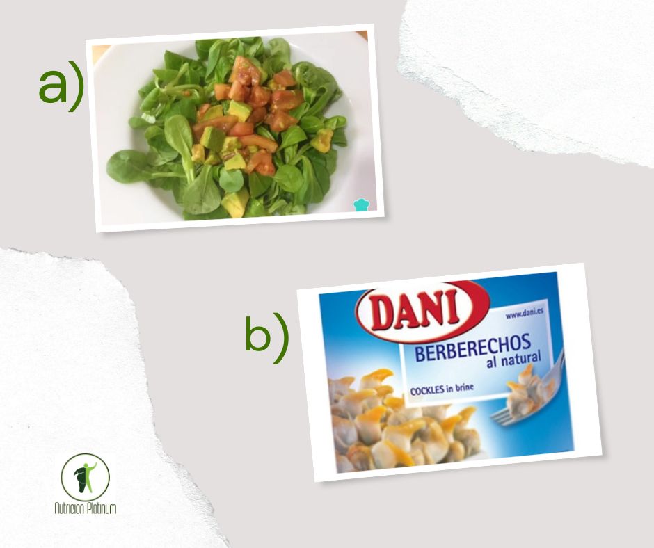 Ensalada de berros, tomate y aguacate con berberechos en conserva.