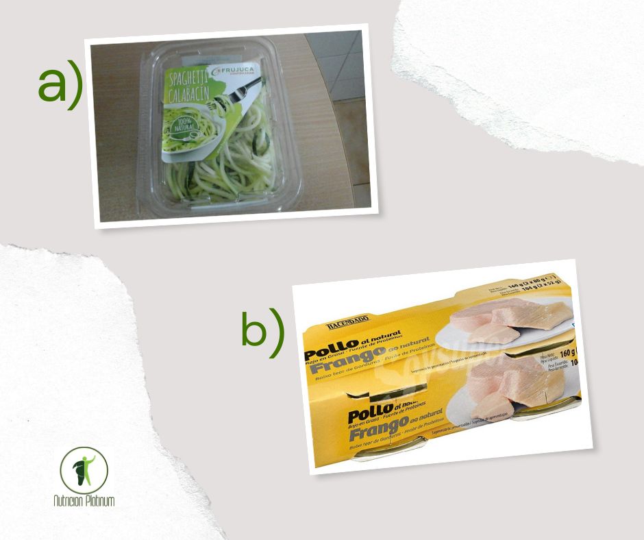 Espaguetis de calabacín con pechuga de pollo en lata.