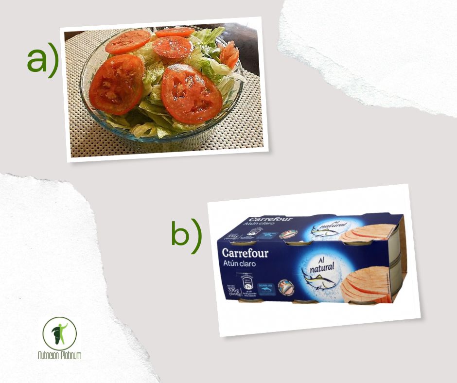 Ensalada de lechuga y tomate con atún en conserva.