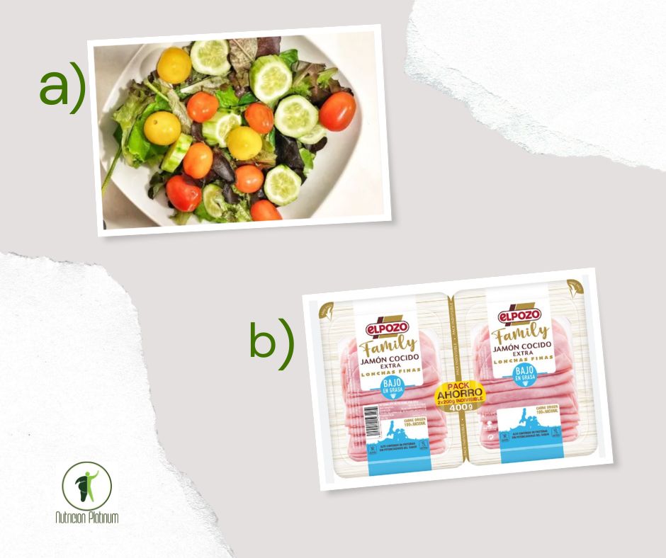 Ensalada de lechuga y tomate de colores con jamón de york.