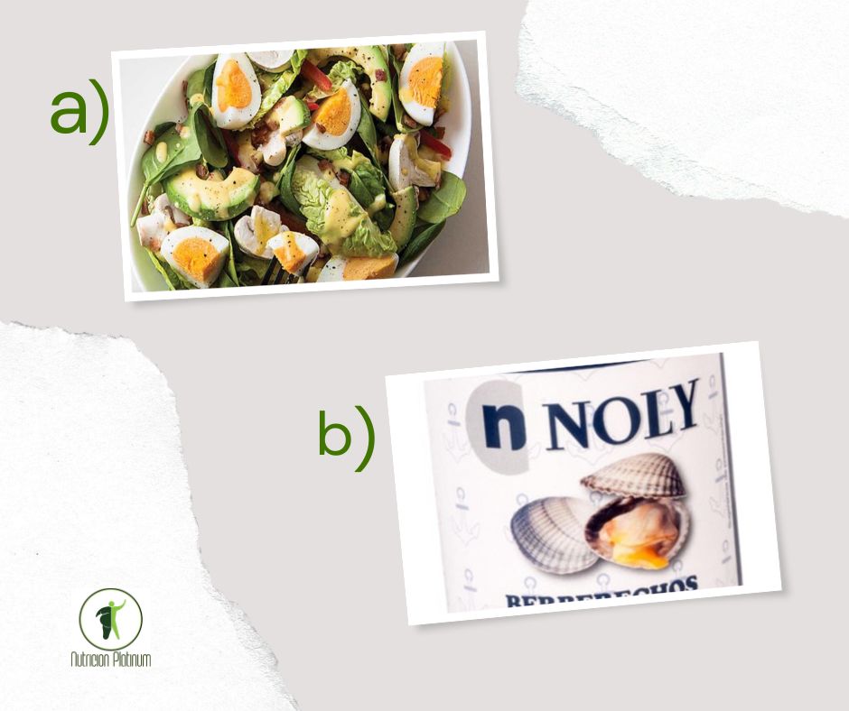 Ensalada de espinacas, aguacate y huevo y berberechos en conserva.