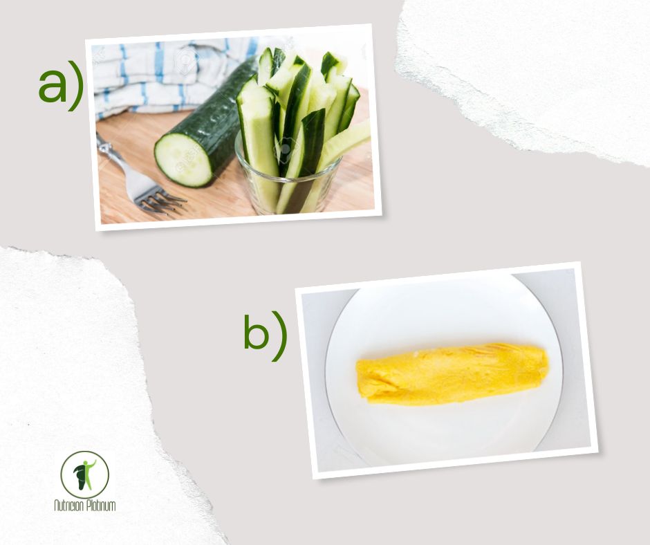 Bastones de pepino con tortilla francesa.