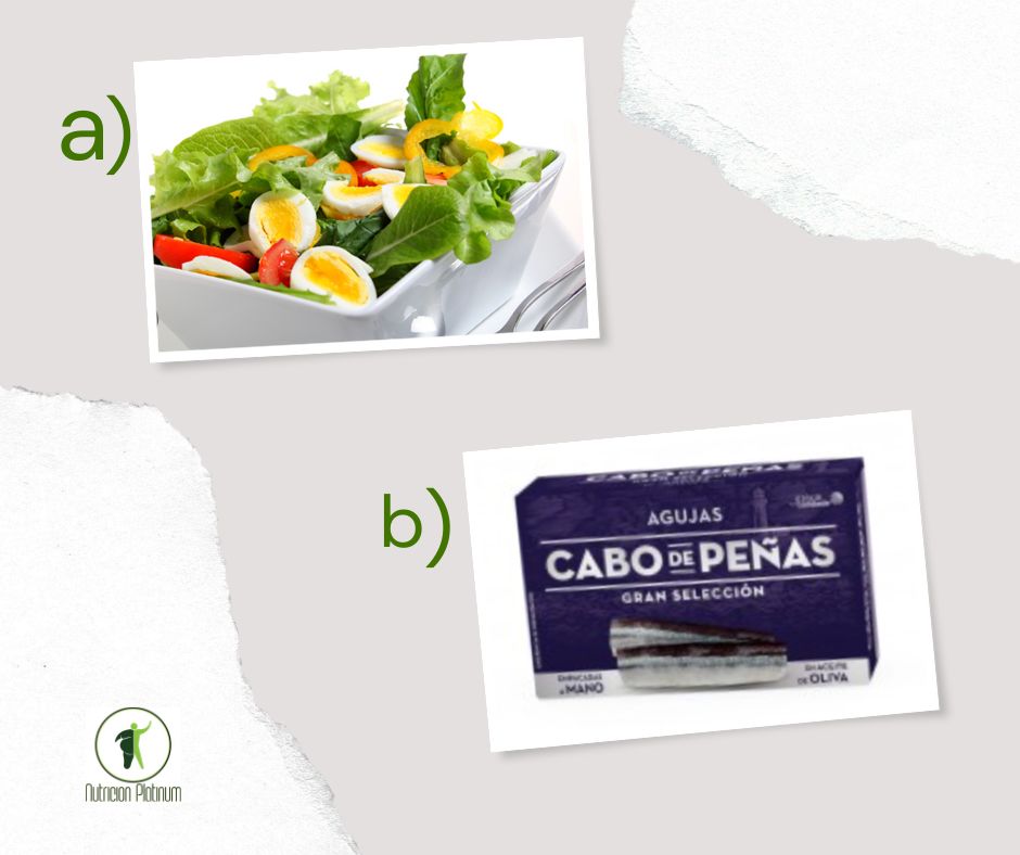 Ensalada con huevo duro y agujas en conserva.