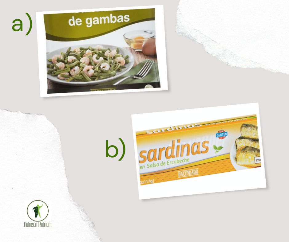 Salteado de ajetes con gambas y sardinas en conserva en escabeche.