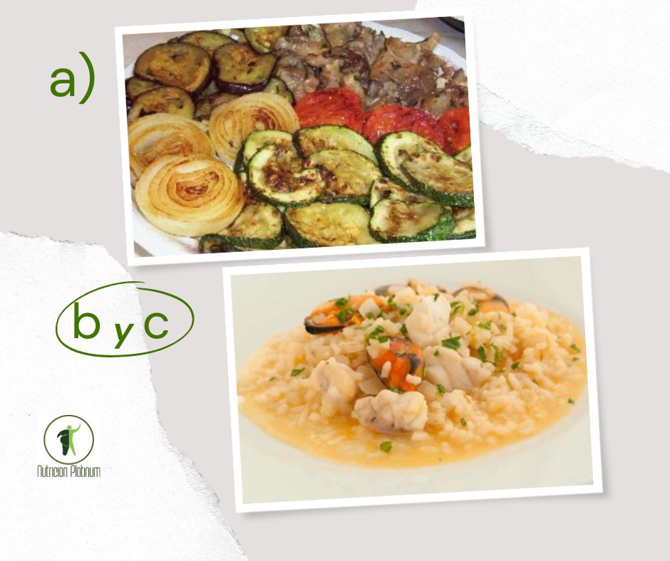 Parrillada de verduras con arroz caldoso con mejillones y rape