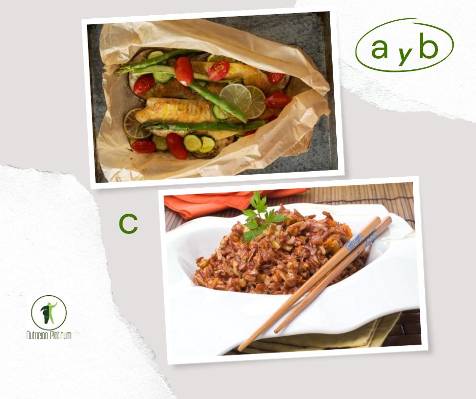 merluza en papillote con arroz rojo con calabaza champiñones y nueces