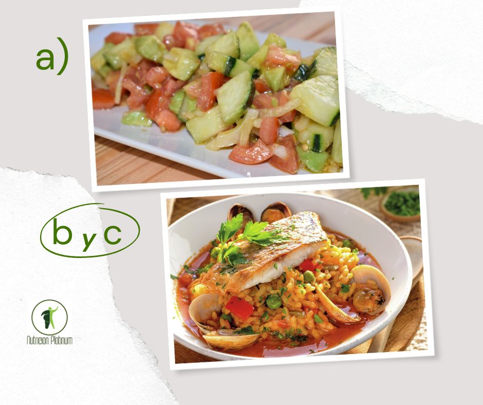 Ensalada de pepino, tomate y aguacate con Dorada con arroz caldoso.