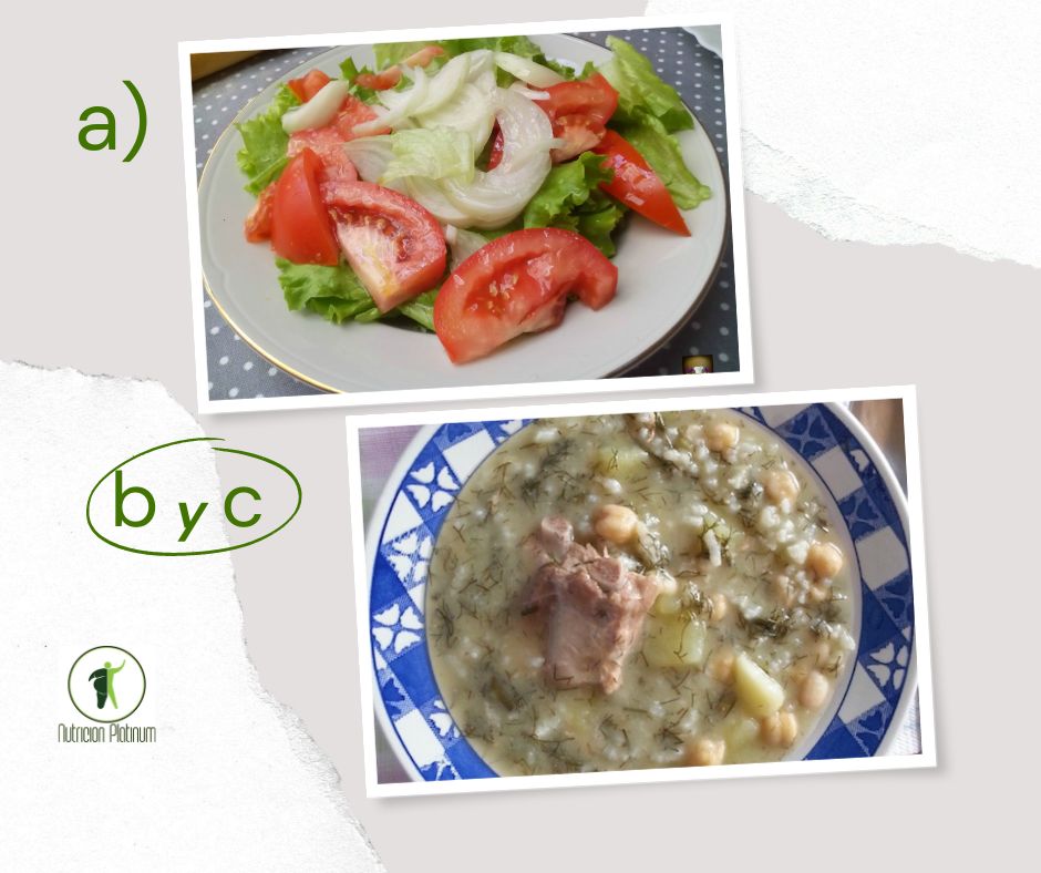 Ensalada de tomate con lechuga y cebolla con puchero de hinojos.