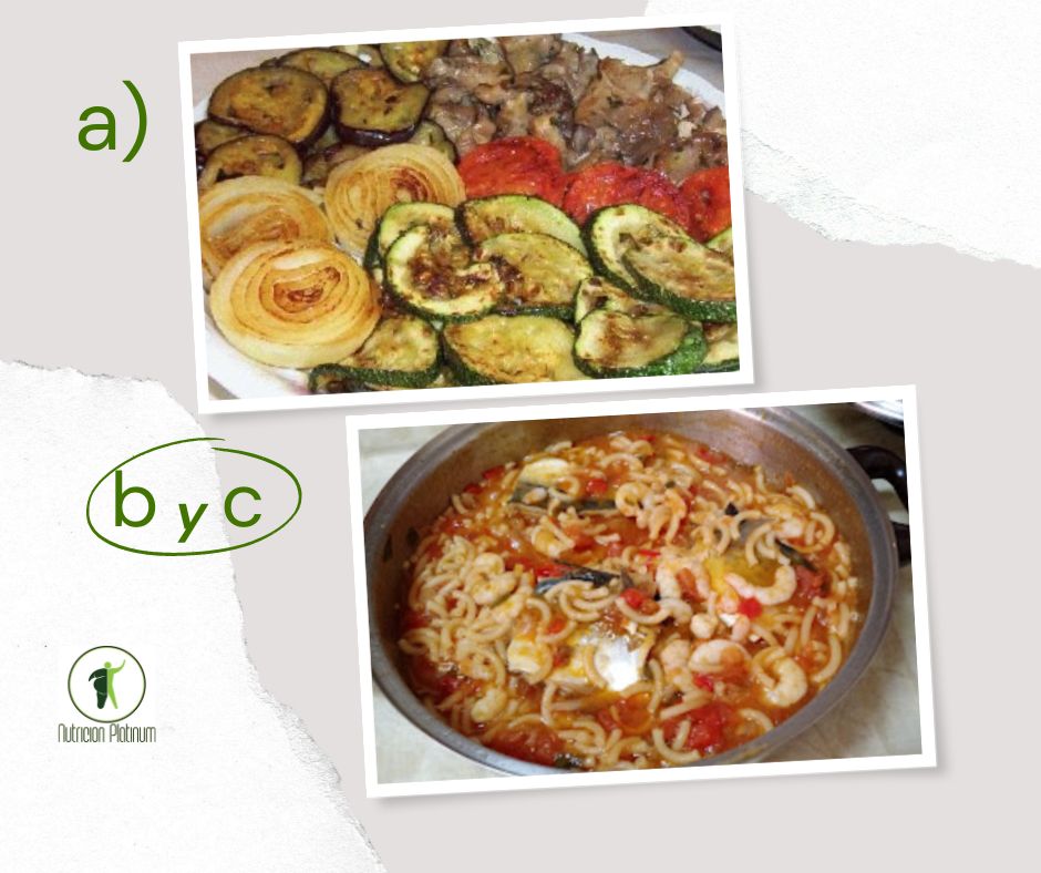 Parrillada de verduras con  fideos con caballa