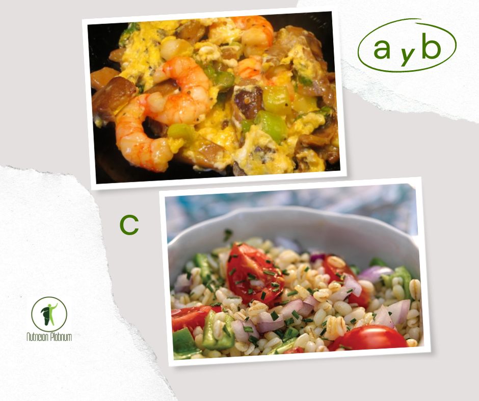 Revuelto de espárragos huevo y gambas y ensalada de trigo sarraceno y salsa de soja