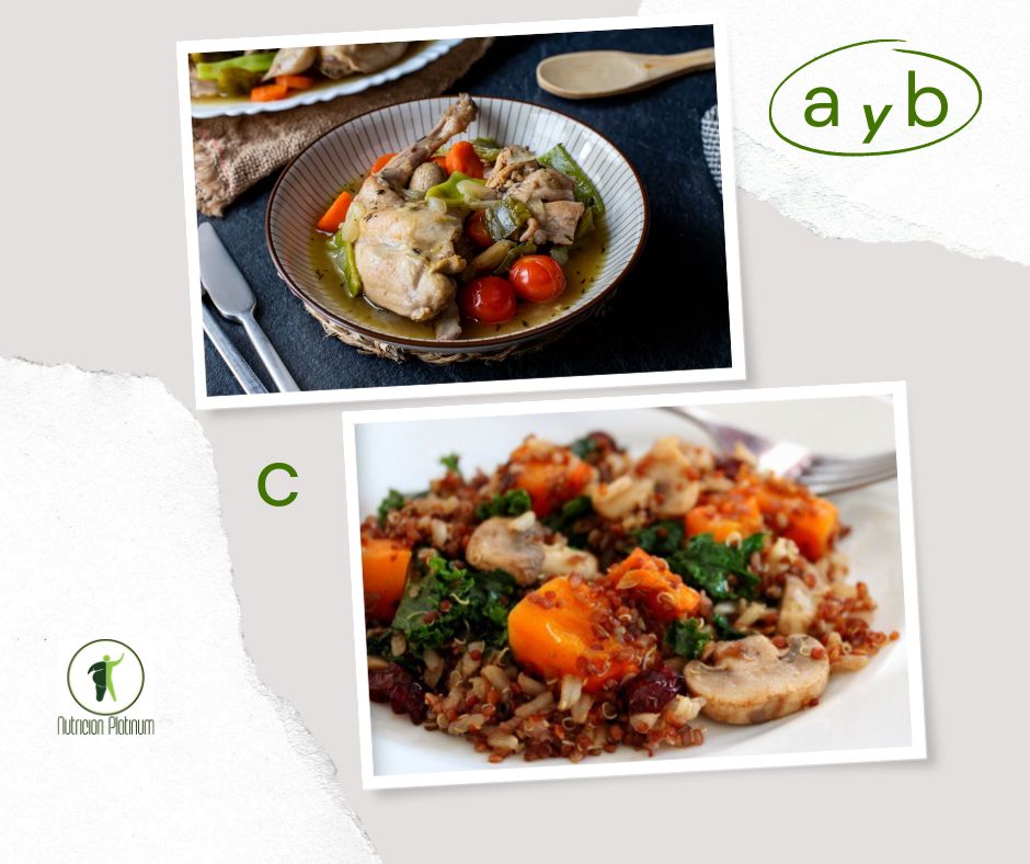 Conejo con verduras guisado y quinoa con setas