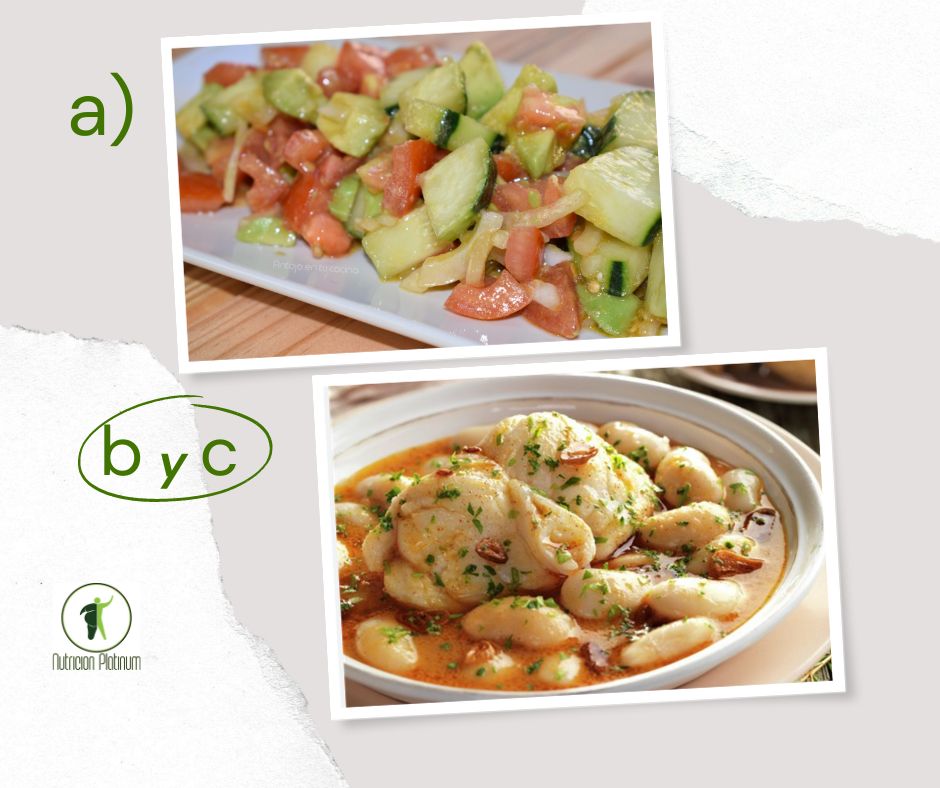 Ensalada de pepino, tomate y aguacate con judiones con rape.