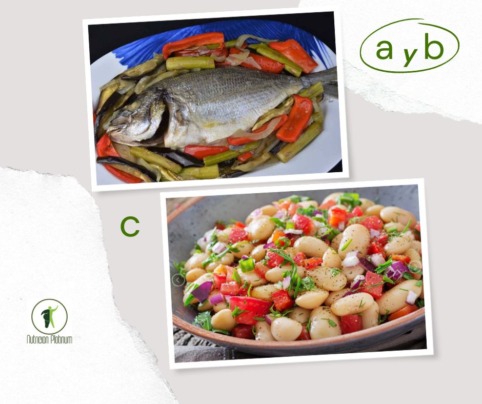 Dorada al horno con berenjena y pimientos mas ensalada de alubias con cebollino