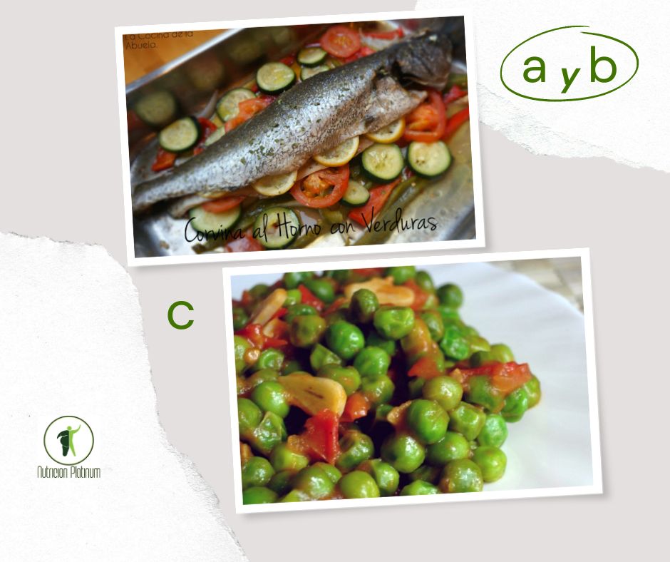 Corvina al horno con verduras y guisantes con tomate