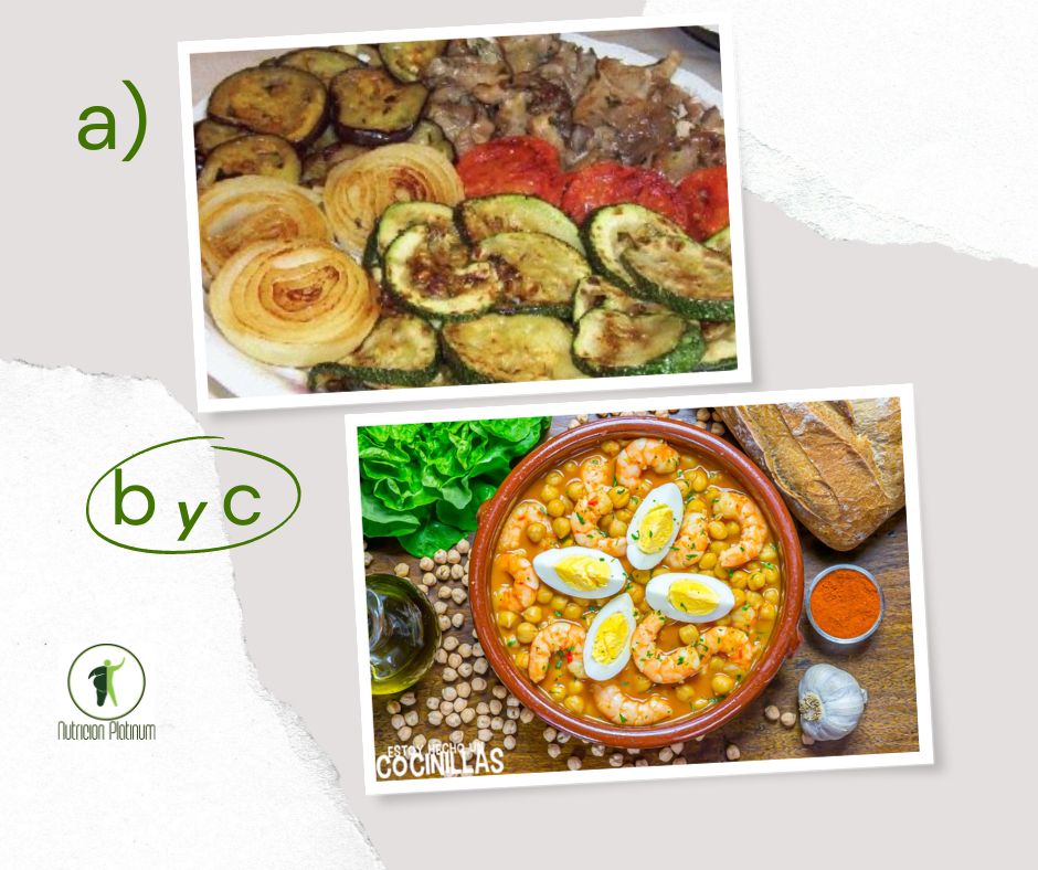 Parrillada de verduras con potaje de garbanzos y langostinos