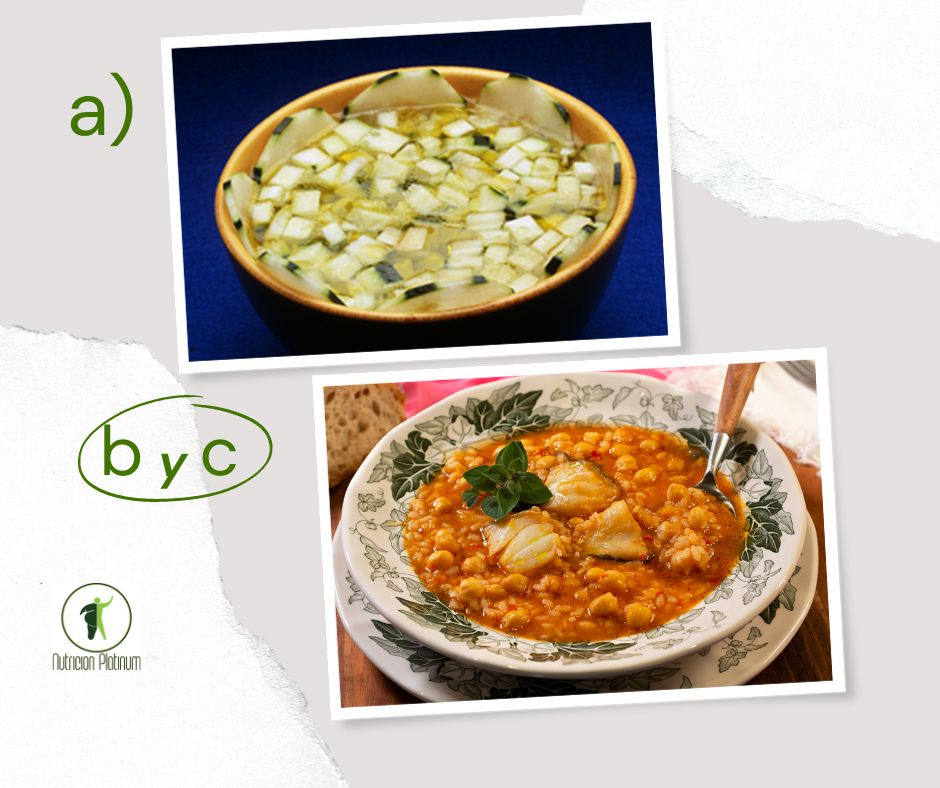 Gazpacho de Almería con arroz con garbanzos y bacalao.