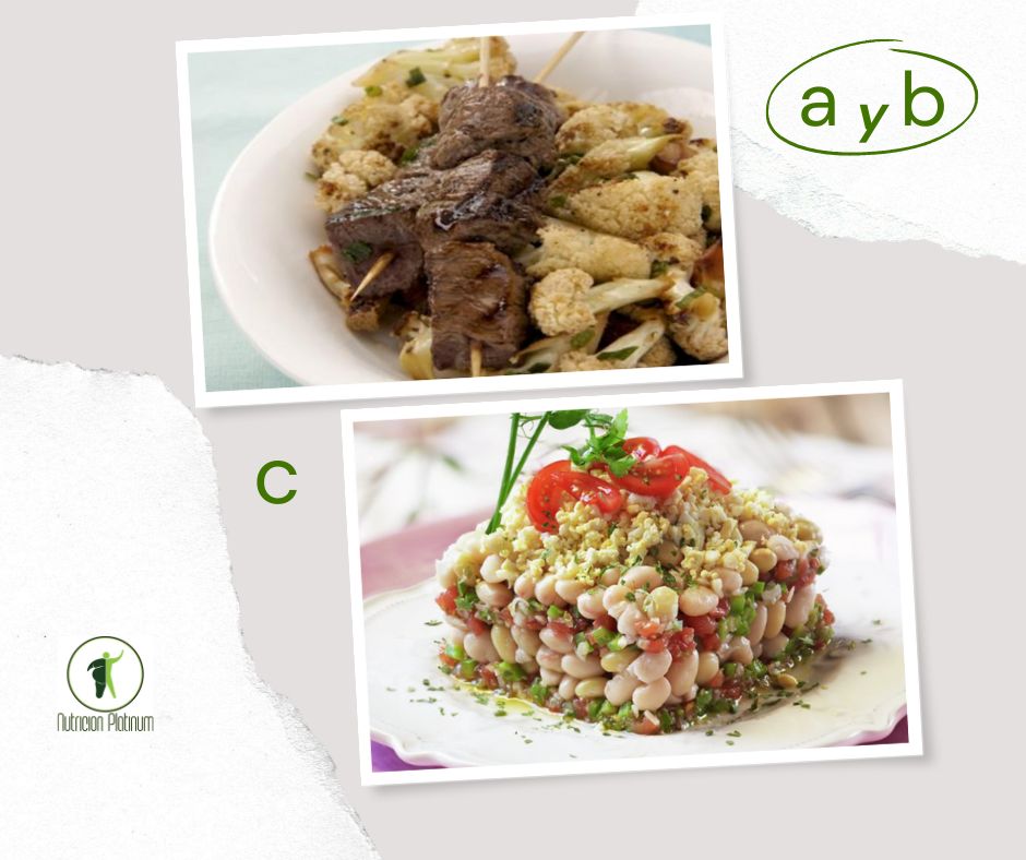 Brochetas de carne con coliflor salteada y ensalada de alubias con pipirrana