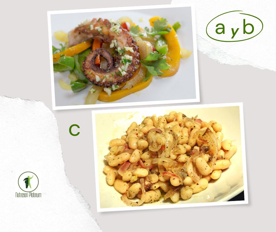 mix de verduras al wok con pulpo a la brasa y ensalada de habichuelas a la romana