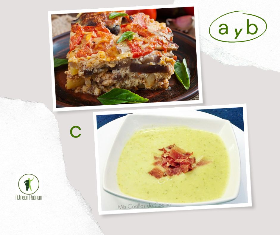 Musaka ligera con queso fresco batido con crema de calabacín y puerros