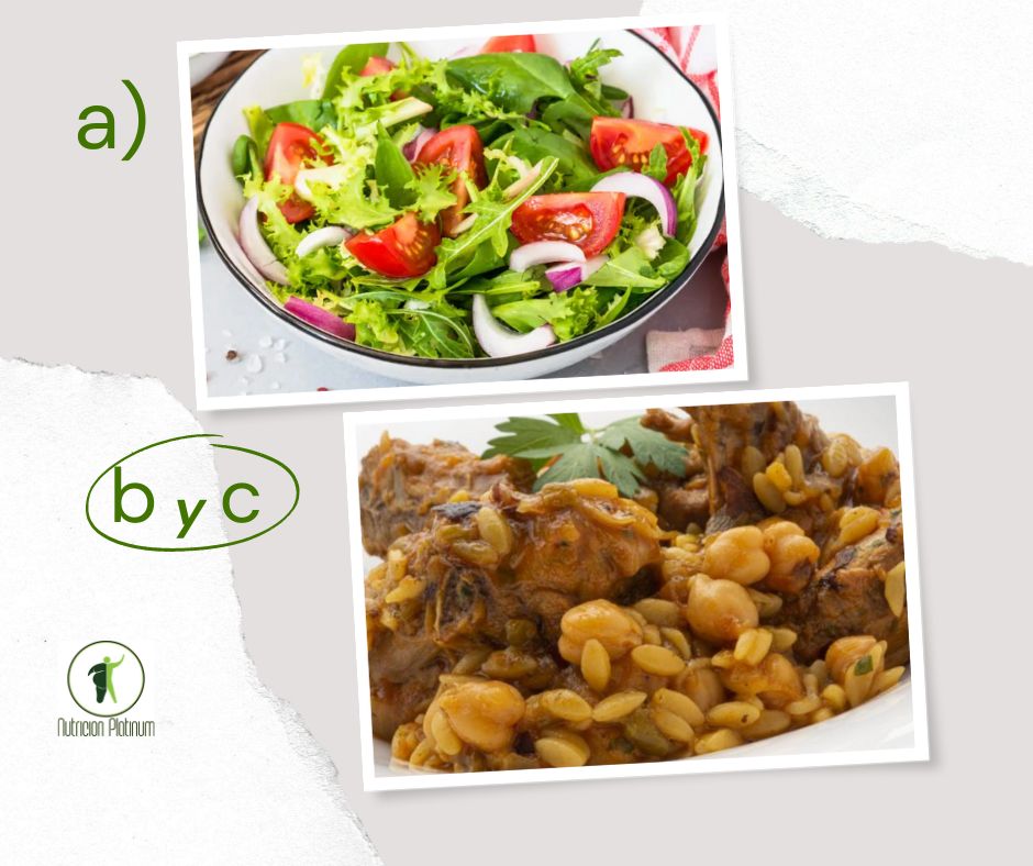 Ensalada variada de brotes tiernos con tomate y conejo con gurullos y garbanzos