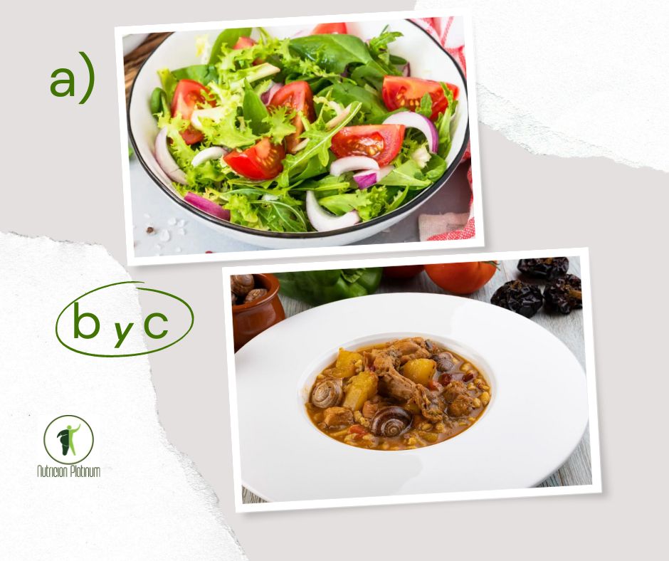 Ensalada variada de brotes tiernos con tomate y gurullos con conejo y caracoles