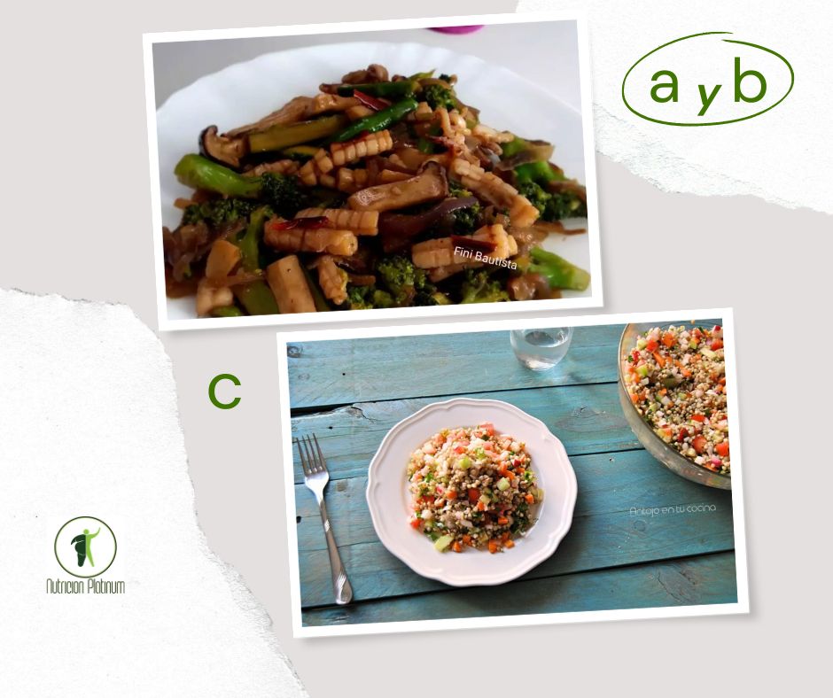 calamares con brocoli y setas mas ensalada de trigo sarraceno con zanahoria y rábano