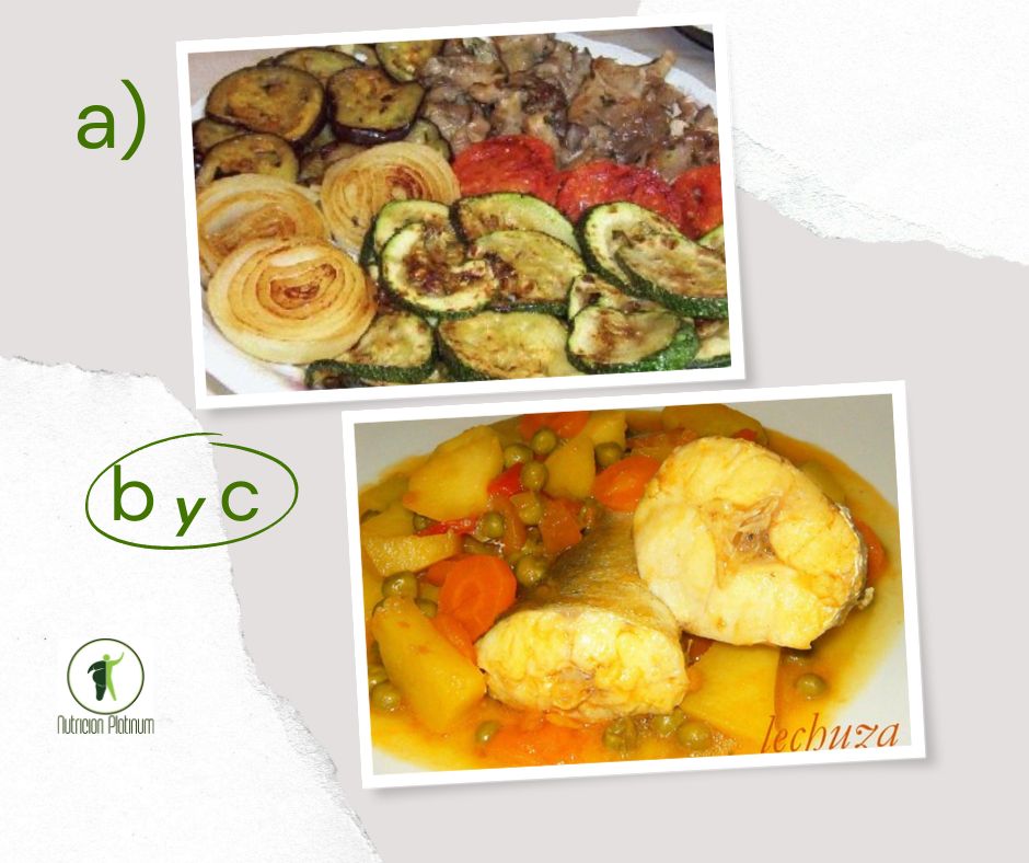 Parrillada de verduras con pescadilla guisada con patatas