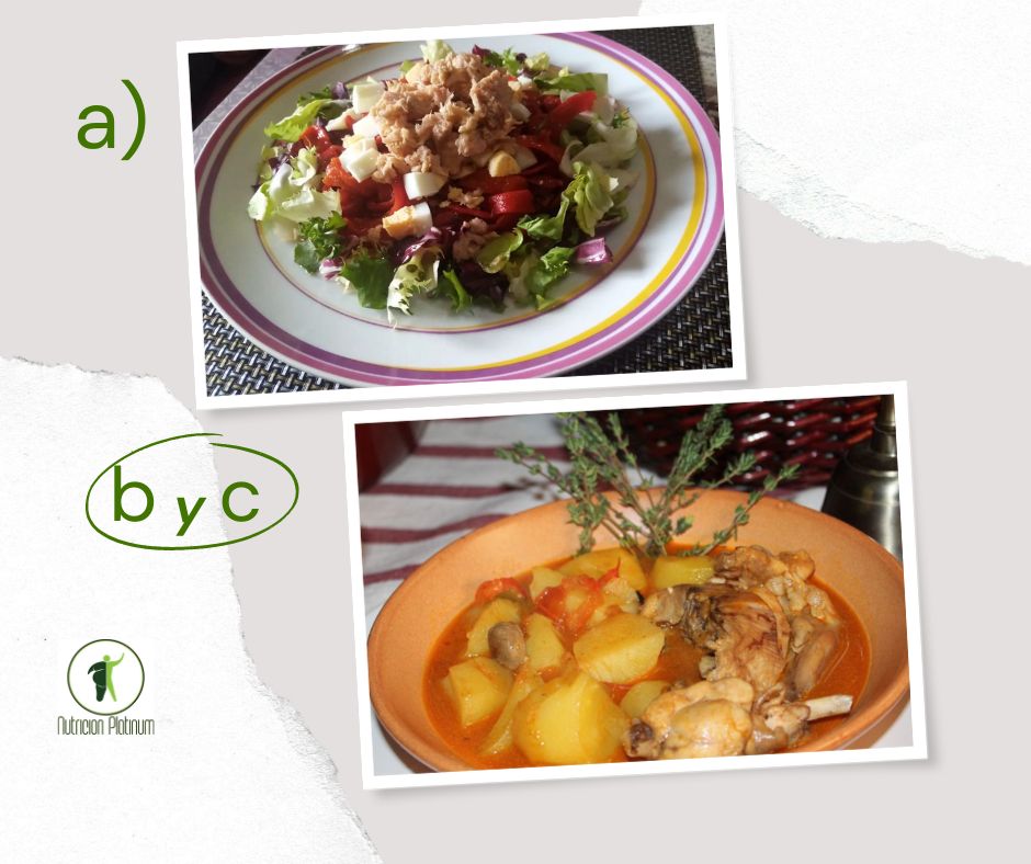 Ensalada de pimientos asados, atún y huevo con conejo con patatas.