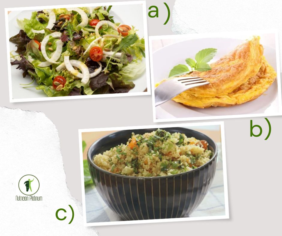 ENSALADA DE LECHUGA VARIADA CON TORTILLA FRANCESA DE ATÚN Y CUSCÚS MARROQUÍ CON VERDURAS