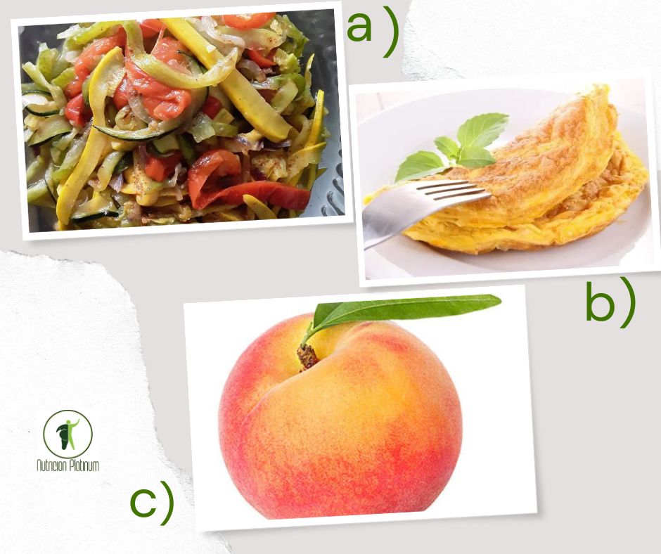 Pepino de guiso salteado mas tortilla francesa con atún y un melocotón