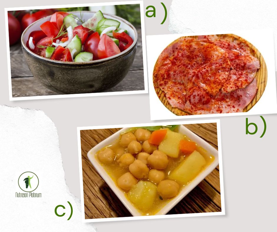 Ensalada de pepino y tomate acompañado de lacón con pimentón y potaje de garbanzos