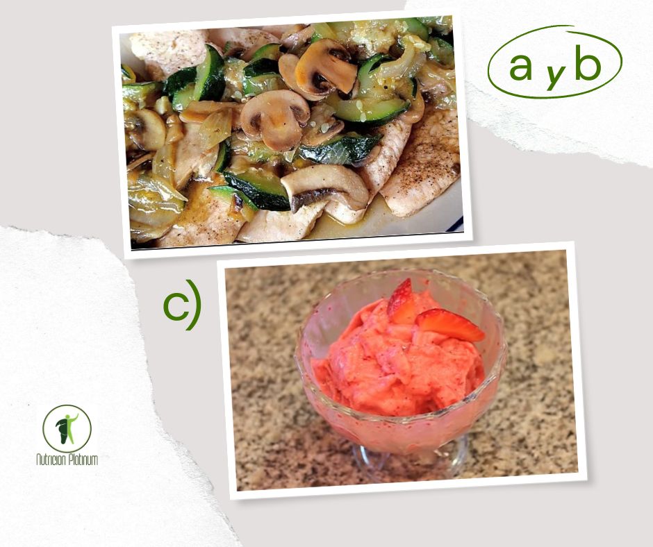 Filetes de pollo con verduras y yogur de fresa helado.