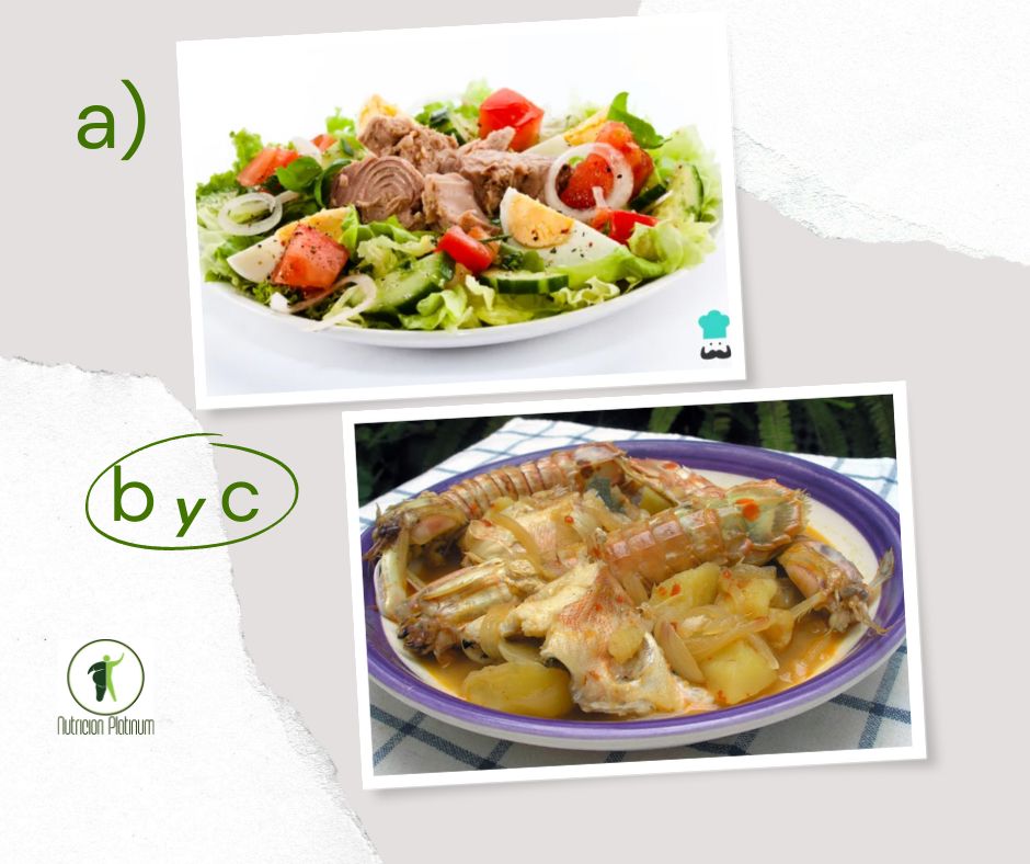 Ensalada de verduras variadas  con caldero de gallineta y galeras, con patatas